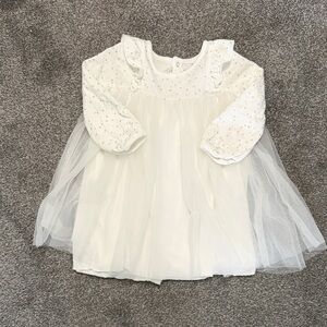 Petit Bateau Baby Girls Long Sleeve Dress  With Tulle Skirt And Ruffles